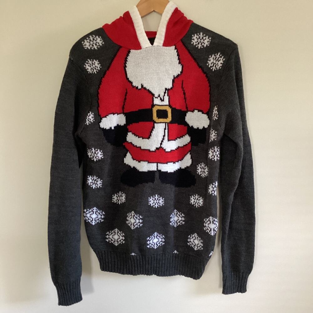 American Stitch Mens Sz L Ugly Christmas Sweater Santa Hooded Snowflake Red Gray